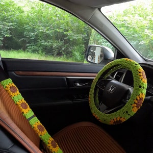 Crochet Steering Wheel Cover for women,Sunflower Steering Wheel Cover for car,Sunflower Seat belt cover,Cute Steering Wheel Cover,car gift