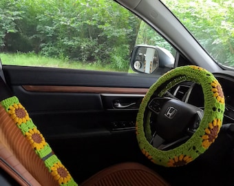 Crochet Steering Wheel Cover for women,Sunflower Steering Wheel Cover for car,Sunflower Seat belt cover,Cute Steering Wheel Cover,car gift