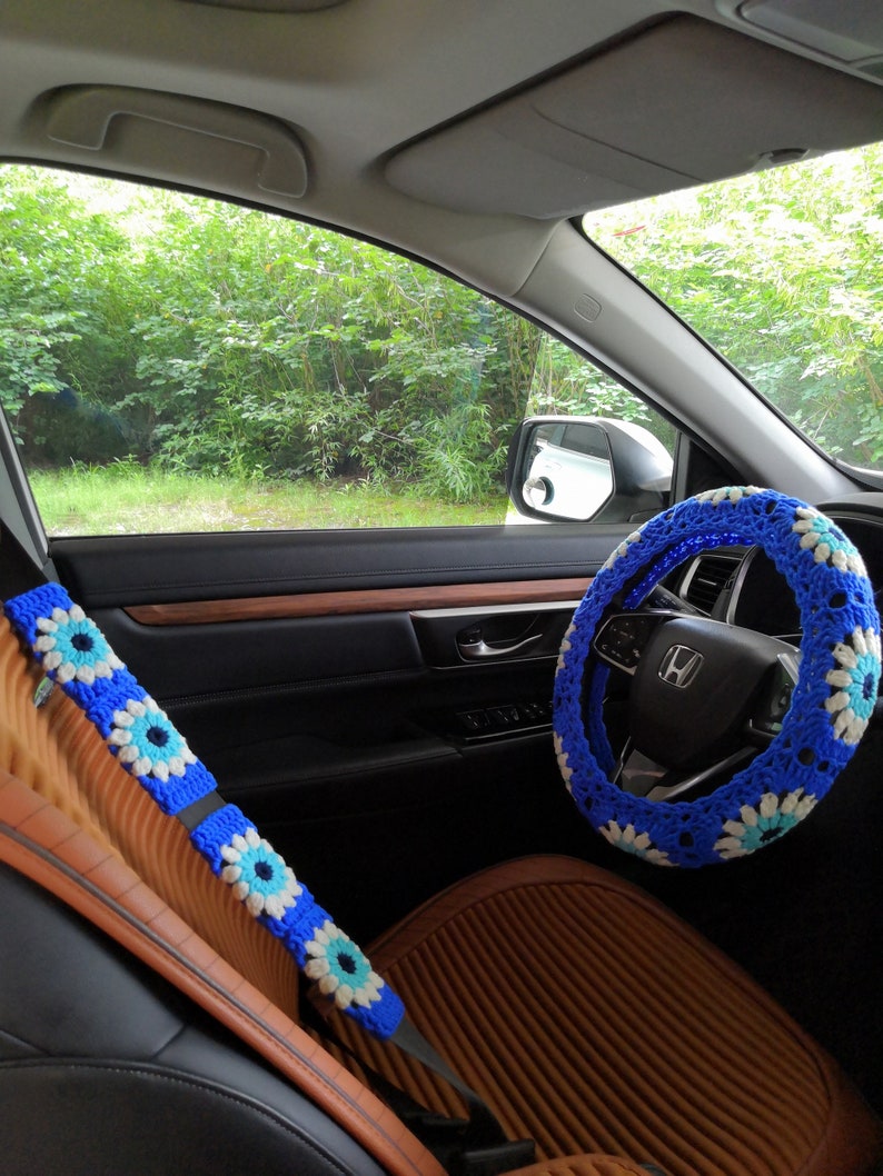 Evil Eye Steering Wheel Cover,Steer Wheel ,Crochet Steering Wheel Cover,Seat Belt Cover,Women car accessories,Steering Wheel Cover Crochet C A+2 belt cover