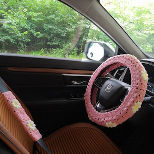 Crochet Daisy Steering Wheel Cover,Steering Wheel Cover,Daisy Steering Wheel Cover For Women,Crochet Wheel Cover,Pink Steering Wheel Cover