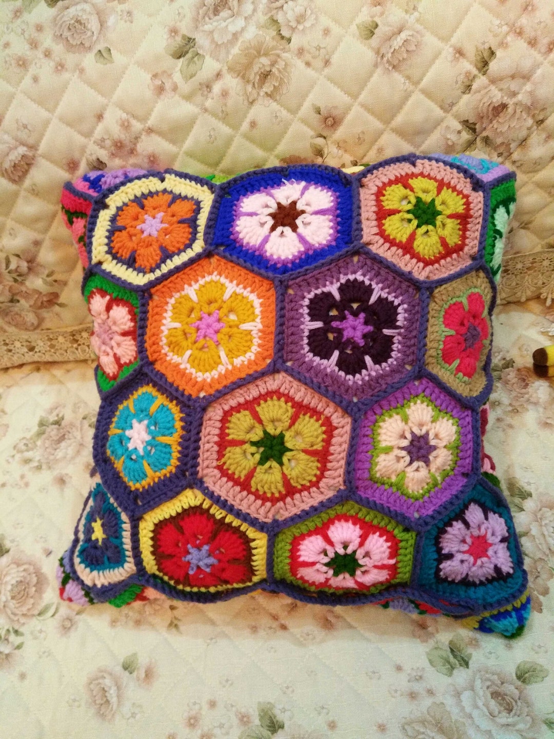 Handmade Crochet /granny Square Cushion Cover / Home Hecor / Sunburst