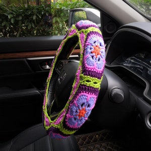 Crochet Steering Wheel Cover,Steering Wheel Cover For Women and men,Seatbelt cover,Hexapetalous Flower steer wheel,Cute Steering Wheel Cover