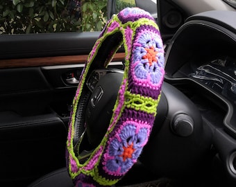 Crochet Flower Steering Wheel Cover: Handmade Car Accessory