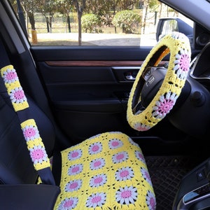 Fundas de asiento de coche, funda de asiento de girasol de ganchillo, juego de fundas de asiento delantero de coche para hombres y mujeres, regalo de accesorios de coche, funda de decoración de coche, funda de coche bonita