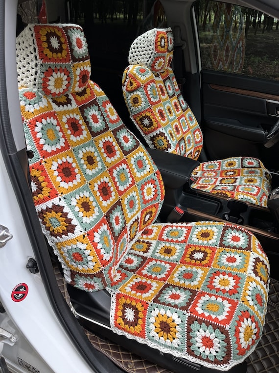 Car Seat Cover,crochet Seat Covers,rainbow Granny Square Steering