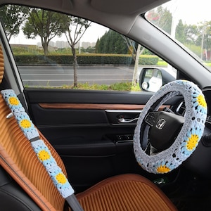 Crochet Sunflower Steering Wheel Cover For Women,Steer Wheel Cover for Car,Steering Wheel Cover Set with Seat Belt Cover,personalized gift