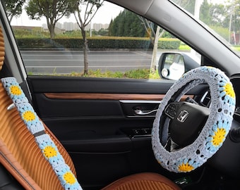 Crochet Sunflower Steering Wheel Cover Set with Seat Belt Cover