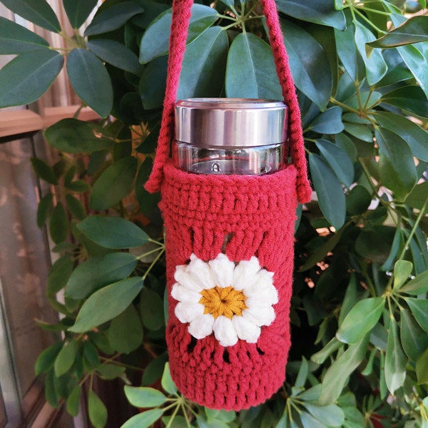 Bottle bag,Hand Crochet,Flower pattern,water bottle cover,drink bottle carrier,cup cozy,Cup Sleeve,Glass Cup,Cup Cover,Baby bottle bag