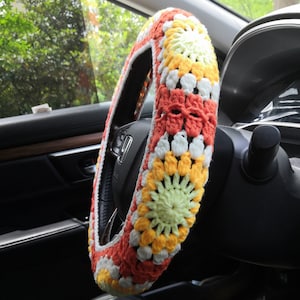 Sunflower Steering Wheel Cover For Women,Crochet Car Steering Wheel Cover,Cute Steering Wheel Cover and Car Coaster,Sunflower Seat belt