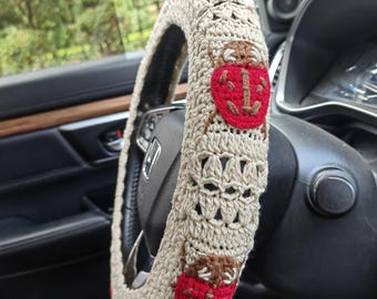Crochet Ladybird Steering Wheel Cover,Car Steering Wheel Cover,Cute Steering Wheel cover,Car Seat Belt cover,Men and Women car accessories