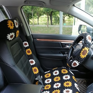 Coprisedili girasole, coprisedile auto all'uncinetto, coprisedile anteriore auto, copripoggiatesta, coprivolante, design degli interni auto, set copriauto regalo