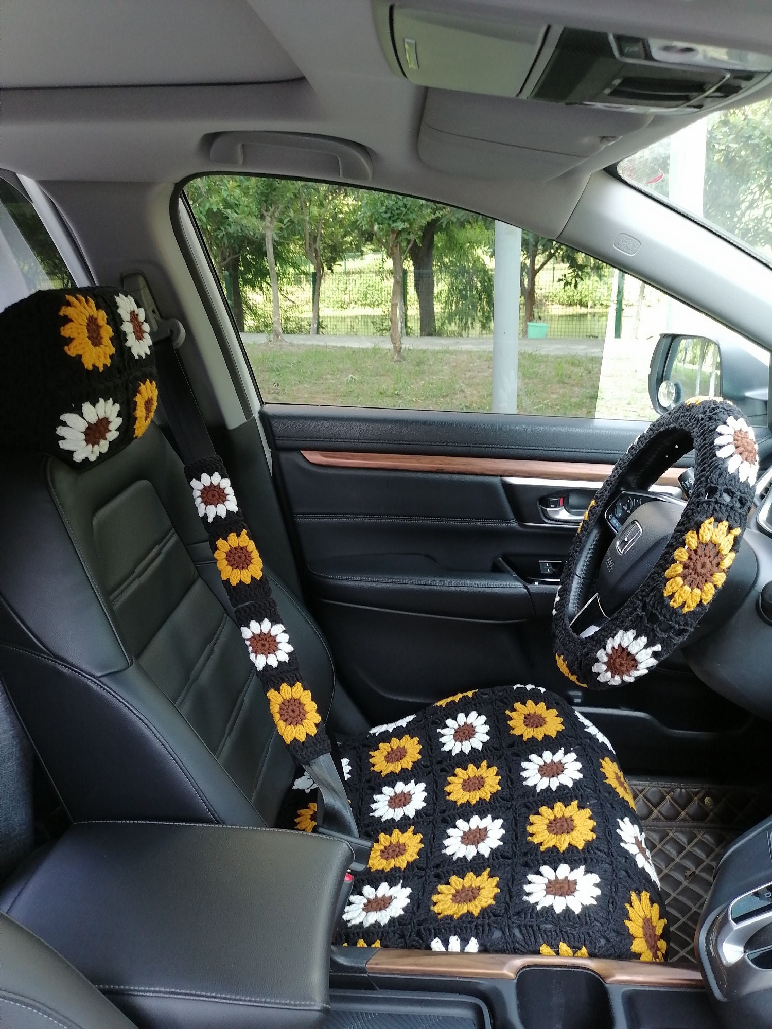 Sunflower Seat Covers,Crochet Car Seat Cover,Car Front Seat Cover,Headrest Cover,Steering Wheel Cover,Car Interior Design,Car Cover Set Gift