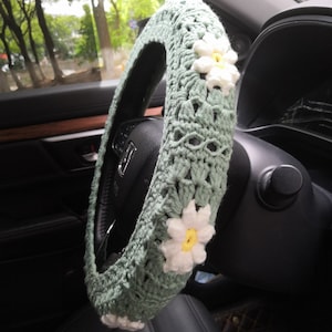 Crochet daisy steering wheel cover, Car wheel cover,Sage green color,Crochet steer wheel cover for women/men,Washable steering wheel cover