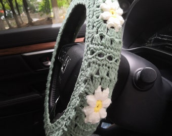 Crochet daisy steering wheel cover, Car wheel cover,Sage green color,Crochet steer wheel cover for women/men,Washable steering wheel cover