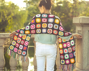 Crochet Scarf，granny square scarf, boho scarf, rainbow scarf, hippie scarf, knit scarf,vintage scarf,Crochet shawl,sunflower shawl