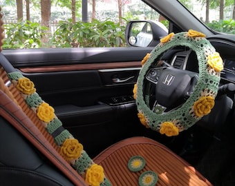 Crochet  Roses Steering Wheel Cover,Car Steering Wheel Cover For Women,Crochet Steering Wheel Cover,Cute Steering Wheel Cover,gift for her
