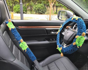 Crochet 3D Sea Turtle Steering Wheel Cover & Seat Belt Cover Set