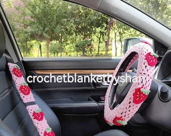 Crochet Strawberry Car Accessory Set: Steering Wheel Cover, Seatbelt Cover, Coasters
