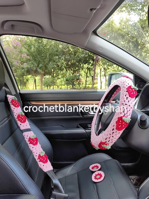 Crochet Strawberry Car Accessory Set: Steering Wheel Cover, Seatbelt Cover, Coasters