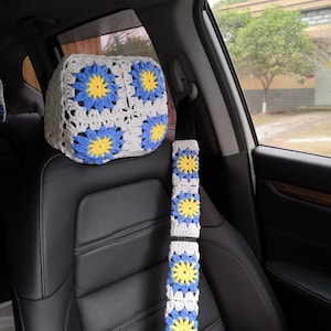 Car Seat Headrest Covers,Sunflower Headrest Cover,Crochet Steering Wheel Cover Headrest Cover Set,Car Decor Cover Seat Head Rest cover,Gift