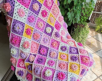 Crochet Floral Baby Blanket: Granny Square Afghan, Boho Decor