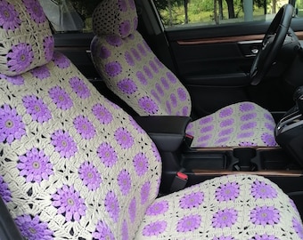 かぎ針編みのひまわりのカーシートカバーセット：手作りの自動車アクセサリー