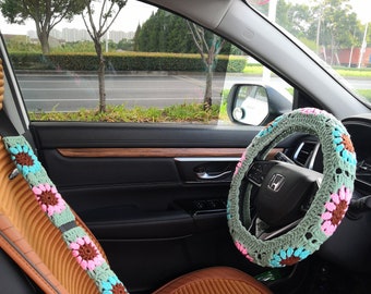 Handmade Crochet Sunflower Steering Wheel Cover Set: Car Accessories