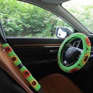Steering Wheel Cover for women,Crochet Sunflower Steering Wheel Cover for car,Sunflower Seat belt cover,Cute Steering Wheel Cover,Car gift