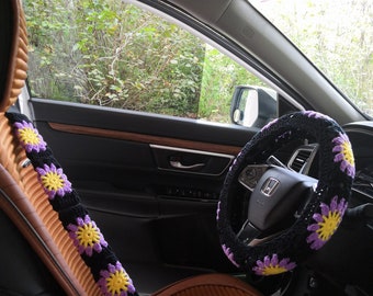 Crochet Sunflower Steering Wheel Cover For Women,Steering Wheel Cover,Steer Wheel Cover,Sunflower Seat belt cover,Cute Steering Wheel Cover