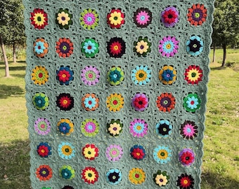Handmade Crochet Granny Square Blanket: 3D Flower Afghan