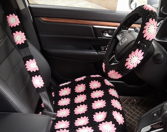 Crochet Sunflower Car Seat Cover: Boho Car Interior Accessories