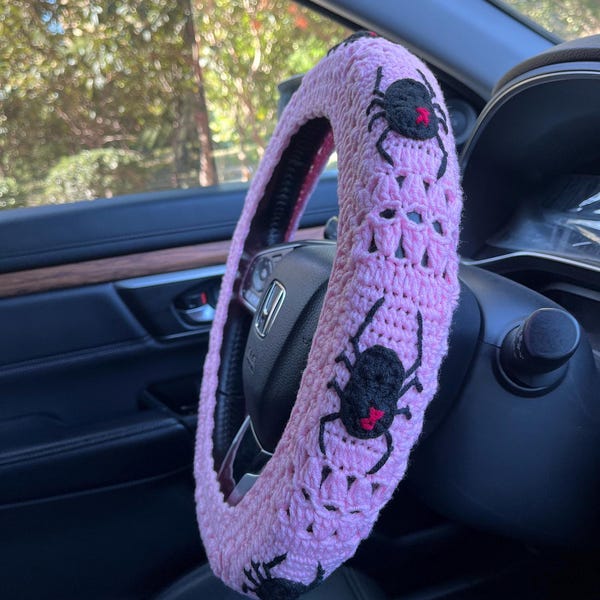 Handmade Pink Crochet Spider Steering Wheel Cover Set, Cozy Car Interior Accessory