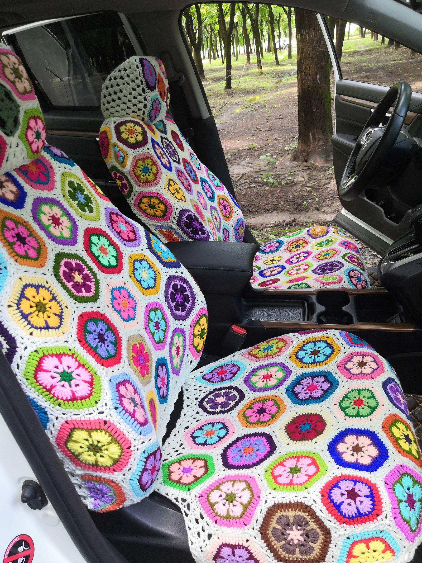 Car Seat Cover,crochet Seat Covers,rainbow Granny Square Steering Wheel Cover  Seat Cover Headrest Covers Car Accessories,car Interior Design 