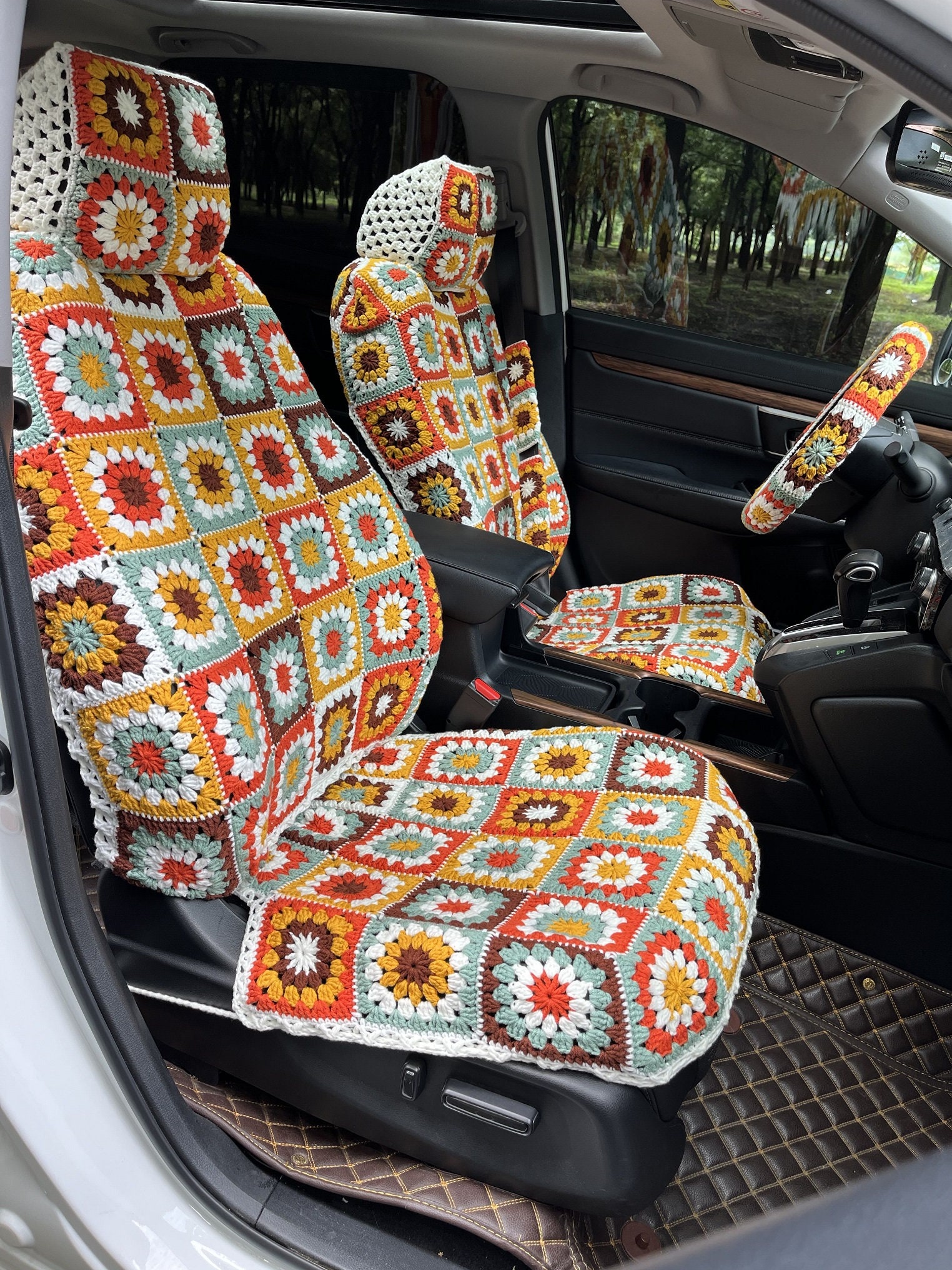 Buy Car Seat Cover,crochet Seat Covers,rainbow Granny Square Steering Wheel Cover  Seat Cover Headrest Covers Car Accessories,car Interior Design Online in  India 