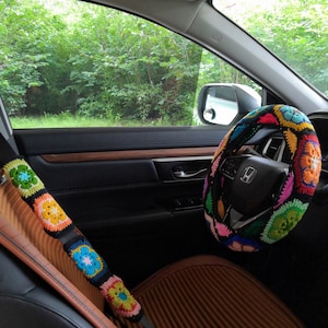 Gehäkelte Lenkradabdeckung, Lenkradabdeckung, Lenkradabdeckung für Frauen, Sicherheitsgurtabdeckung, Blumenlenkrad, niedliches Lenkradabdeckung
