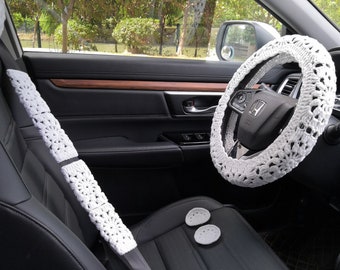 Crochet Steering Wheel Cover,Sunflower Crochet Seat Belt Cover,Car headrest cover set,Women car accessories,White Steering Wheel Cover