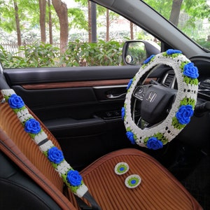 3D blue rose Steering Wheel Cover,Crochet Steering Wheel Cover and Cup Holders For Women,Car Cute Steering Wheel Cover ,Car Cup coaster