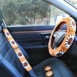 Car Steering Wheel Cover,Crochet Sunflower Steering Wheel Cover For Women men,Orange Color Car Coaster,Cute Sunflower Steering Wheel Cover