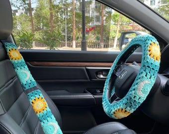 Crochet Sun and Moon Steering Wheel Cover，Steering Wheel Cover And Seat Belt Cover,Green Color Steering Wheel Cover,Handmade Christmas Gift