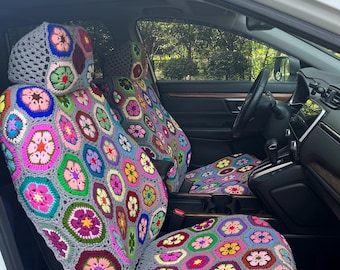 Crochet Galsang Flower Car Seat Cover Set,Colorfull Floral Front Car Seat Cover,Handmade Auto Interior Accessories Gray Color