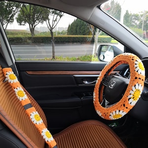Coprivolante, set coprivolante girasole con copricintura di sicurezza, volante lavorato all'uncinetto a mano per donna, regali personalizzati