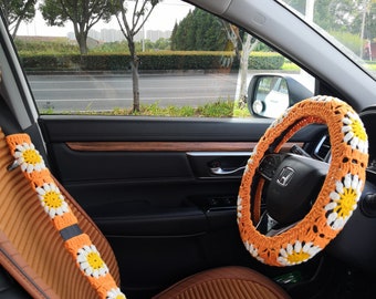 Handmade Crochet Sunflower Steering Wheel Cover Set with Seat Belt Cover