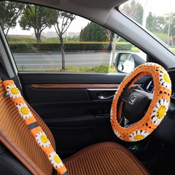 Steering Wheel Cover,Sunflower Steering Wheel Cover Set with Seat Belt Cover,Hand Crocheted Steering Wheel for Women,personalized gifts