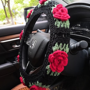 女性用かぎ針編みのバラの花のハンドルカバー、バラの花のハンドルカバー、車のハンドルカバー、かわいいハンドルカバー