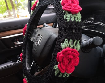 Crochet Roses Flower Steering Wheel Cover For Women, Roses Flower Steering Wheel Cover,Car Steering Wheel Cover,Cute Steering Wheel Cover