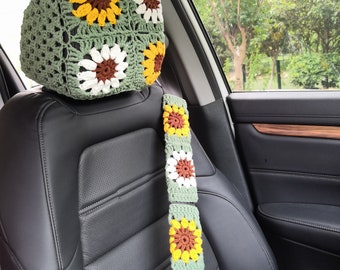 Crochet Sunflower Car Headrest Cover & Seatbelt Cover Set