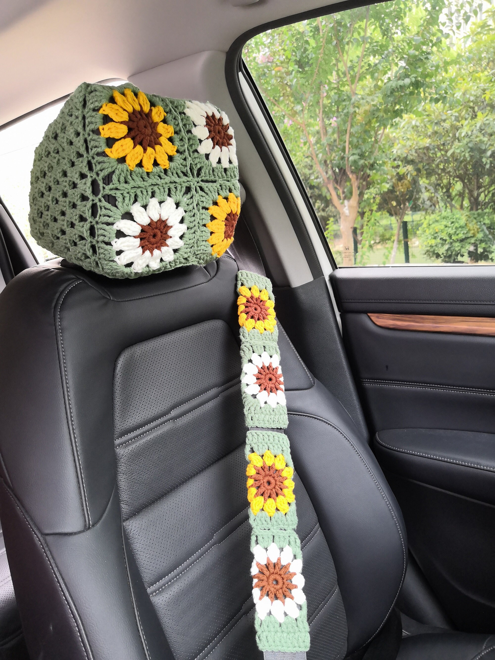 2er Set Autositz Haken, gehäkelte Sonnenblume Auto Kopfstütze