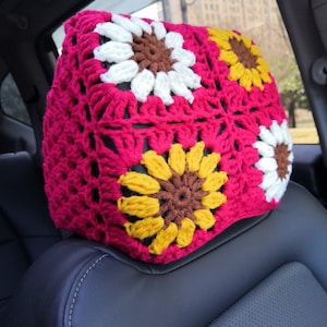 Car Headrest Covers,Crochet Steering Wheel Cover Headrest Covers,Sunflower Seatbelt cover,Car Decor Cover Seat Headrest cover,Gift for her