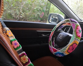 Steering Wheel Cover,Crochet Steering Wheel Cover,Steer Wheel Cover For Women,Seatbelt cover,Flower steer wheel,Cute Steering Wheel Cover