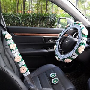 ローズハンドルカバー、女性用かぎ針編みカーハンドルカバー、車用ハンドルカバー、かわいいハンドルカバー、彼女へのギフト